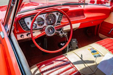 Lebanon, TN - May 13, 2022: High angle close up interior view of a 1963 Plymouth Savoy 2 Door Sedan at a local car show.