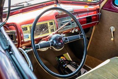 Lebanon, TN - May 13, 2022: Close up detailed  interior view of a 1940 Ford Deluxe Flathead V8 Coupe at a local car show.