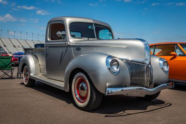 Lebanon, TN - May 13, 2022: Low perspective front corner view of a 1941 Ford 1/2 Ton Pickup Truck at a local car show.