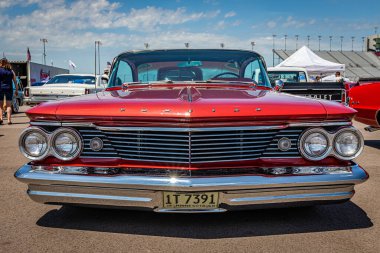 Lebanon, TN - May 13, 2022: Low perspective front view of a 1960 Pontiac Parisienne Hardtop Coupe at a local car show.