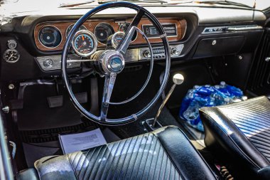 Lebanon, TN - May 13, 2022: High perspective detail interior view of a 1965 Pontiac LeMans GTO Hardtop Coupe at a local car show.