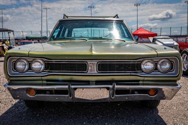 Lebanon, TN - May 13, 2022: Low perspective front view of a 1969 Dodge Coronet 500 Station Wagon at a local car show.