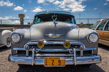 Lebanon, TN - May 13, 2022: Low perspective front view of a 1950 Chevrolet Sedan Delivery at a local car show.