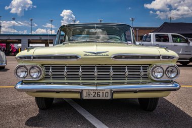 Lebanon, TN - May 13, 2022: Low perspective front view of a 1959 Chevrolet BelAir 2 Door Sedan at a local car show.