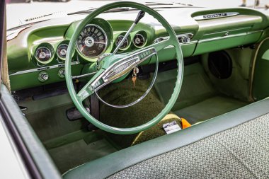 Lebanon, TN - May 13, 2022: High perspective detail interior view of a 1959 Chevrolet BelAir 2 Door Sedan at a local car show.