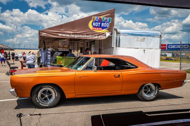 Lebanon, TN - May 13, 2022: High perspective side view of a 1969 Plymouth Roadrunner 383 Hardtop Coupe  at a local car show.