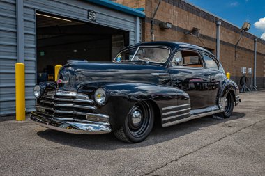 Lebanon, TN - May 13, 2022: Low perspective front corner view of a 1947 Chevrolet Fleetline Aerosedan at a local car show.