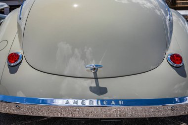 Lebanon, TN - May 13, 2022: High perspective rear detail view of a 1941 Willys Americar Coupe at a local car show.