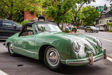 Highlands, NC - June 10, 2022: High perspective front corner view of a 1953 Porsche 356 America Roadster Convertible at a local car show.