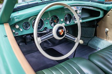 Highlands, NC - June 10, 2022: Close up detail interior view of a 1953 Porsche 356 America Roadster Convertible at a local car show.