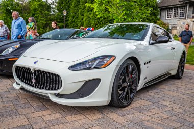 Highlands, NC - June 10, 2022: Low perspective front corner view of a at a local car show.