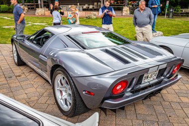 Highlands, NC - June 10, 2022: High perspective rear corner view of a 2006 Ford GT Hardtop Coupe at a local car show.