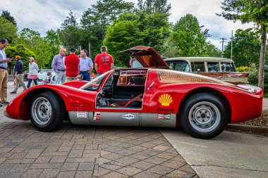 Highlands, NC - June 10, 2022: Low perspective side view of a 1966 Porsche 906 Carrera 6 at a local car show.