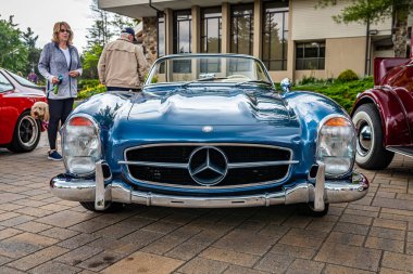 Highlands, NC - June 10, 2022: Low perspective front view of a 1958 Mercedes-Benz 300 SL Roadster at a local car show.