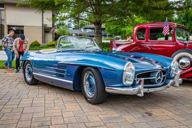 Highlands, NC - June 10, 2022: Low perspective front corner view of a 1958 Mercedes-Benz 300 SL Roadster at a local car show.