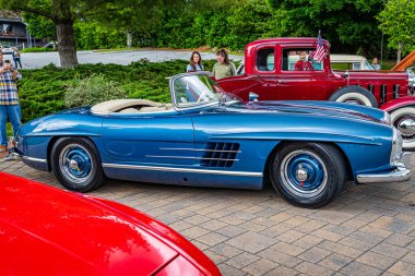Highlands, NC - June 10, 2022: High perspective side view of a 1958 Mercedes-Benz 300 SL Roadster at a local car show.