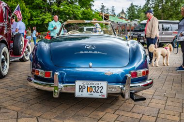 Highlands, NC - June 10, 2022: Low perspective rear view of a 1958 Mercedes-Benz 300 SL Roadster at a local car show.