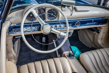 Highlands, NC - June 10, 2022: Close up detailed  interior view of a 1958 Mercedes-Benz 300 SL Roadster at a local car show.