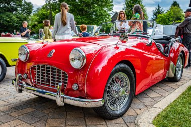 Highlands, NC - June 10, 2022: Low perspective front corner view of a 1957 Triumph TR3 Cabriolet at a local car show.