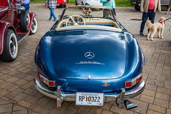Highlands, NC - June 10, 2022 High perspective rear view of a 1958 Mercedes-Benz 300 SL Roadster at a local car show.