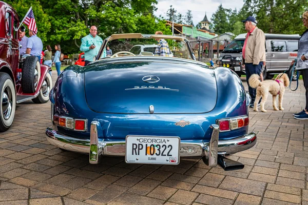 Highlands, NC - June 10, 2022: Low perspective rear view of a 1958 Mercedes-Benz 300 SL Roadster at a local car show.
