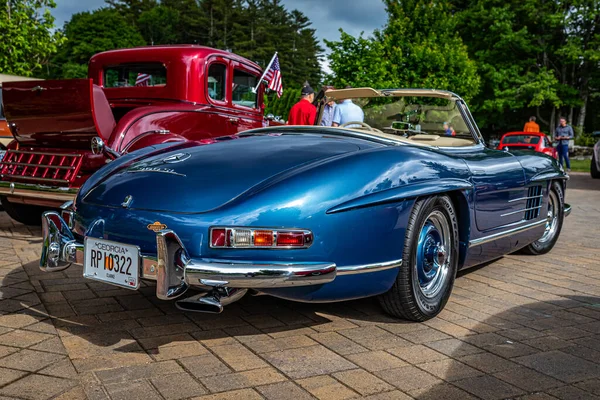 Highlands, NC - June 10, 2022: Low perspective rear corner view of a 1958 Mercedes-Benz 300 SL Roadster at a local car show.