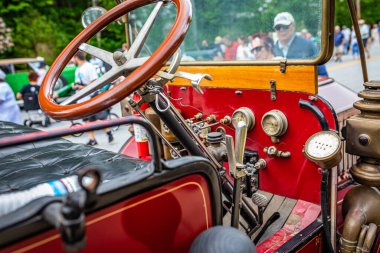 Highlands, NC - June 11, 2022: Close up detailed interior view of a 1909 Stanley Steamer Model Z at a local car show.