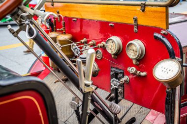 Highlands, NC - June 11, 2022: Close up detail of driving controls of a 1909 Stanley Steamer Model Z at a local car show.
