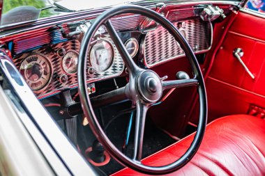 Highlands, NC - June 11, 2022: Close up detailed  interior view of a 1936 Auburn 852 Cabriolet at a local car show.