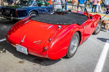 Highlands, NC - June 11, 2022: High perspective rear corner view of a 1960 Austin Healey 3000 Mk1  BN7 Convertible Coupe at a local car show.