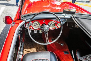 Highlands, NC - June 11, 2022: High perspective interior detail view of a 1960 Austin Healey 3000 Mk1 BN7 Convertible Coupe at a local car show.
