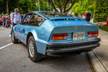 Highlands, NC - June 11, 2022: Low perspective rear corner view of a 1972 Alfa Romeo Junior  Zagato 1600 Hardtop Coupe at a local car show.