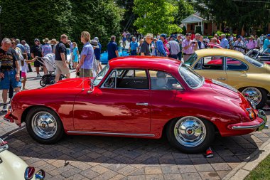 Highlands, NC - June 11, 2022: High perspective side view of a 1962 Porsche T6B Notchback Coupe at a local car show.