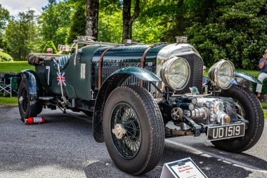 Highlands, NC - June 11, 2022: Low perspective front corner view of a 1927 Bentley 4.5 Litre Blower at a local car show.
