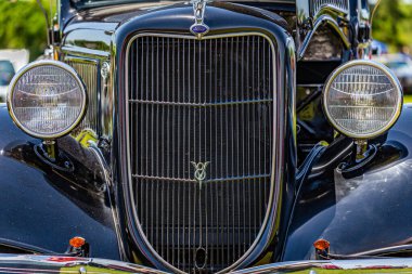 Statesboro, GA - May 17, 2014: Shallow depth of field closeup of the front end on a 1932 Ford Model BB pickup truck.