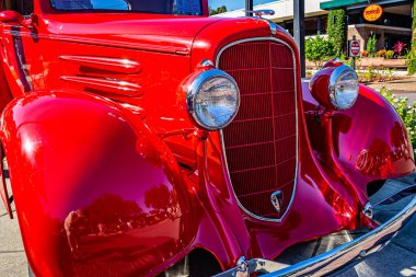 Fernandina Beach, FL - October 18, 2014: Wide angle front corner detail view of a 1933 Oldsmobile F-33 Business Coupe at a downtown classic car show.