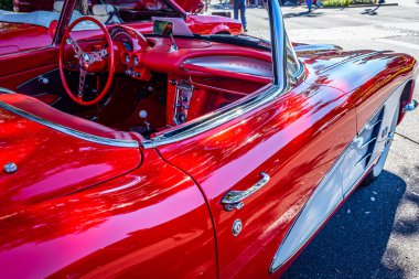 Fernandina Beach, FL - October 18, 2014: Low perspective interior of a 1959 Chevrolet Corvette Convertible at a downtown classic car show.