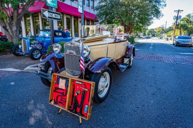 Fernandina Beach, FL - October 18, 2014: Front corner view of a 1930 Ford Model A Cabriolet at a downtown classic car show.