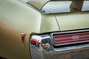 Tybee Island, GA - October 14, 2017: Spoiler and rear corner detail view of a 1969 Pontiac Tempest at a local car show.
