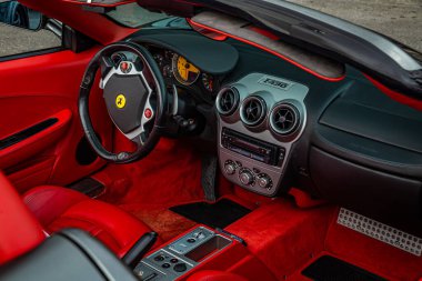 Tybee Island, GA - October 14, 2017: Interior view of a 2006 Ferrari F430 Spider Roadster at a local car show.