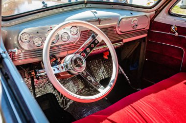 Falcon Heights, MN - June 17, 2022: Close up detail interior view of a 1941 Oldsmobile Series 60 Club Coupe at a local car show.
