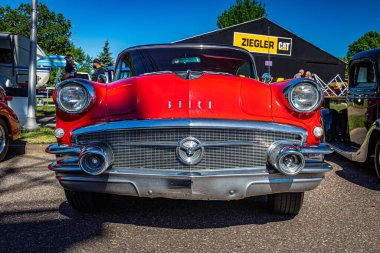 Falcon Heights, MN - June 17, 2022: Low perspective front view of a 1956 Buick 60 Century 2 Door Hardtop at a local car show.