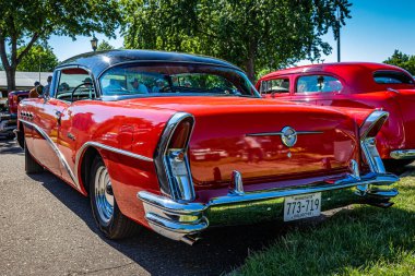 Falcon Heights, MN - June 17, 2022: Low perspective rear corner view of a 1956 Buick 60 Century 2 Door Hardtop at a local car show.
