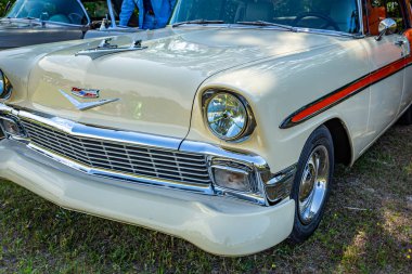 Savannah, GA - April 21, 2018: Front corner detail view of a 1956 Chevrolet BelAir Hardtop Sedan at a local car show.