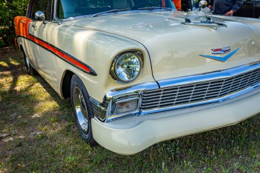 Savannah, GA - April 21, 2018: Front corner detail view of a 1956 Chevrolet BelAir Hardtop Sedan at a local car show.