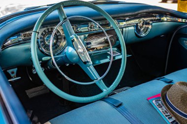 Falcon Heights, MN - June 17, 2022: Close up detail interior view of a 1954 Oldsmobile Super 88 Holiday Coupe at a local car show.