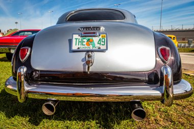 Daytona Beach, FL - November 24, 2018: Low perspective rear view of a 1949 Hudson Super Six Club Coupe at a local car show.
