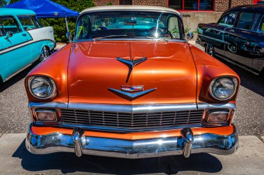 Falcon Heights, MN - June 17, 2022: High perspective front view of a 1956 Chevrolet BelAir 4 Door Hardtop at a local car show.