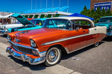 Falcon Heights, MN - June 17, 2022: High perspective front corner view of a 1956 Chevrolet Bel Air 4 Door Hardtop at a local car show.