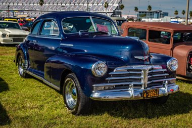 Daytona Beach, FL - November 24, 2018: Front corner view of a 1948 Chevrolet Series 2100 FK Fleetmaster Coupe at a local car show.